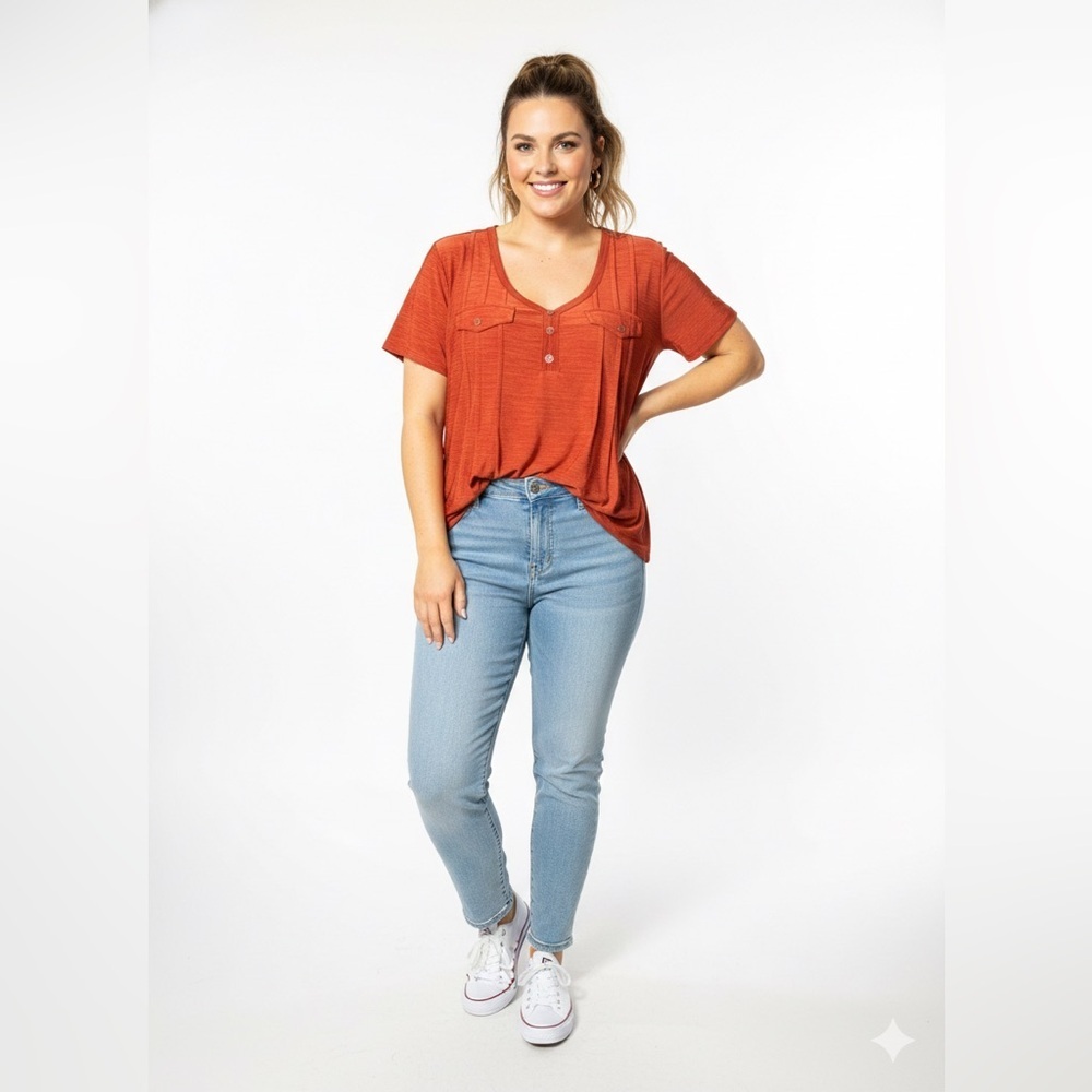 Elie McCarthy Rust Orange Blouse 1X Plus Size Stretch Pleated Career Top NWT